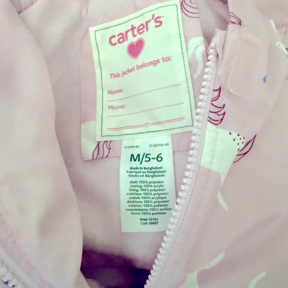 Carter's Girls Pink Unicorn Rain Jacket 5-6 - Picture 3 of 3